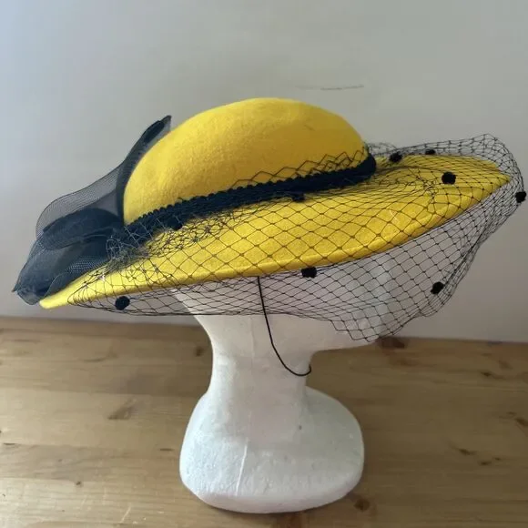 Vtg Fashion Hat WPL 4384 Yellow Wool Felt w Black Mesh w Polka Dots 53 cm - Picture 3 of 9